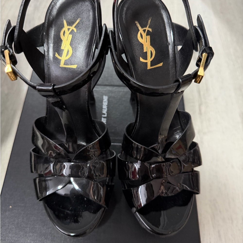 Saint Laurent Black Patent Leather Platform Sandals with Gold Logos